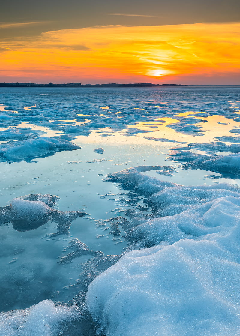 ice, water, sunset, winter, horizon, nature, HD phone wallpaper
