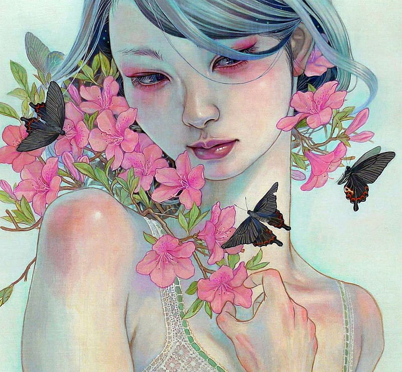 :), flower, face, girl, black, art, miho hirano, chalk, pink, butterfly, painting, pictura, HD wallpaper