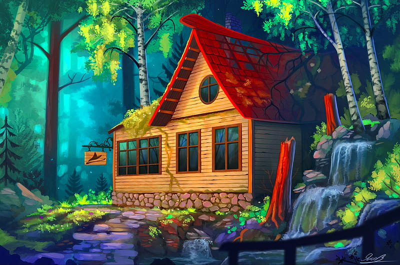 Harutakijeva Kolibica  HD-wallpaper-forest-landscape-pretty-forest-art-house-cottage-beautiful-fantasy-paradise-waterfall-magical-wooden-enchanted