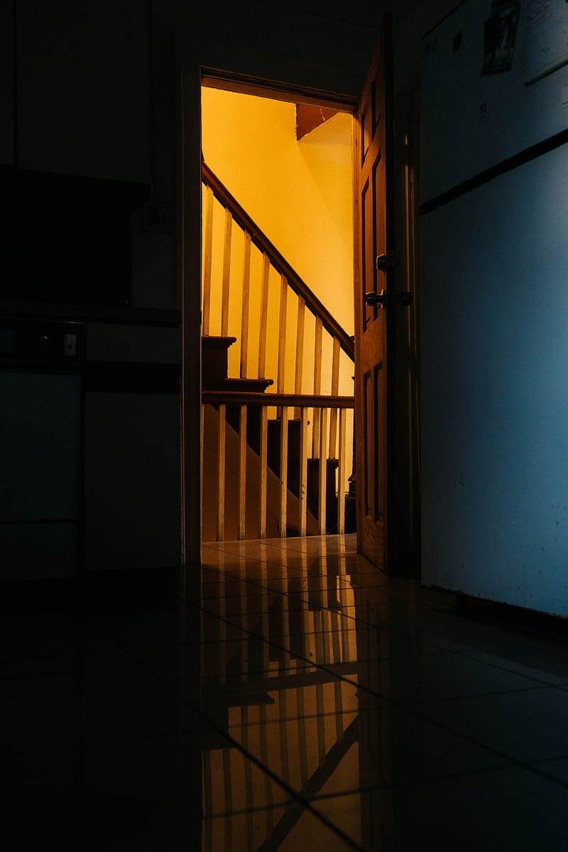stairs, shadow, door, passage, HD phone wallpaper