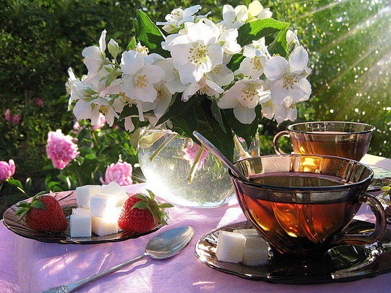 Good Morning, table, bouquet, flowers, cup, breakfast, tee, HD wallpaper