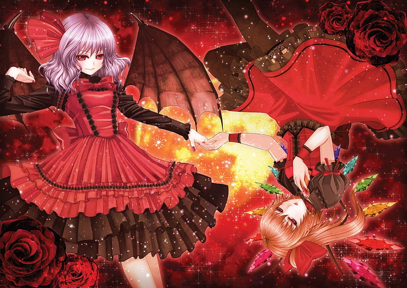 The Sister, dress, rose, sparks, wing, floral, remilia scarlet, anime, touhou, hot, anime girl, long hair, fairy, female, wings, brown hair, gown, purple hair, lolita, fladre scarlet, sexy, abstract, cute, girl, dark, flower, HD wallpaper