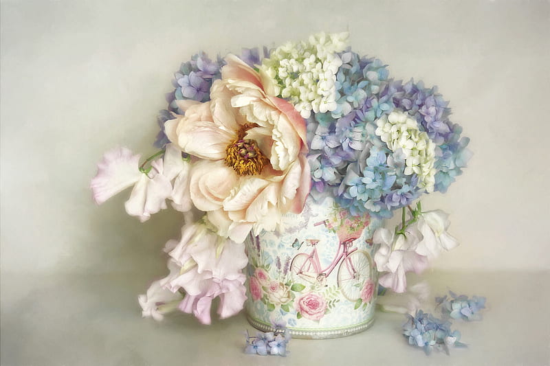 Flowers, blue, still life, hydrangea, flower, vase, white, pink, HD wallpaper