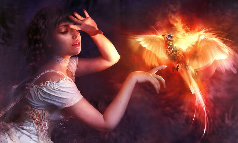 Phoenix girl, fire, frumusete, fantasy, luminos, phoenix, bird, girl, hand, HD wallpaper