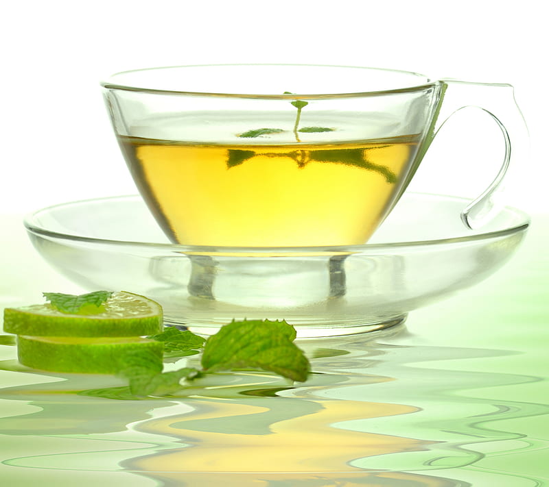 Green Tea, cup, glass, green, lime, mint, saucer, tea, HD wallpaper