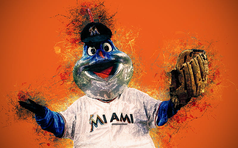 Billy The Marlin, official mascot, Miami Marlins, portrait art, MLB, USA, grunge art, symbol, orange background, paint art, Major League Baseball, MLB mascots, Miami Marlins mascot, baseball, HD wallpaper