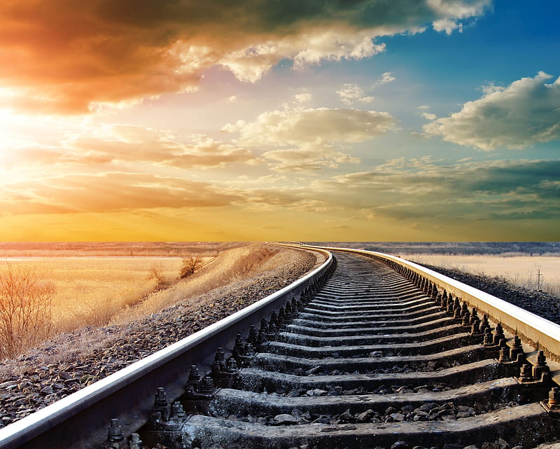 Railway, landscape, railroad, road, sunset, winter, HD wallpaper