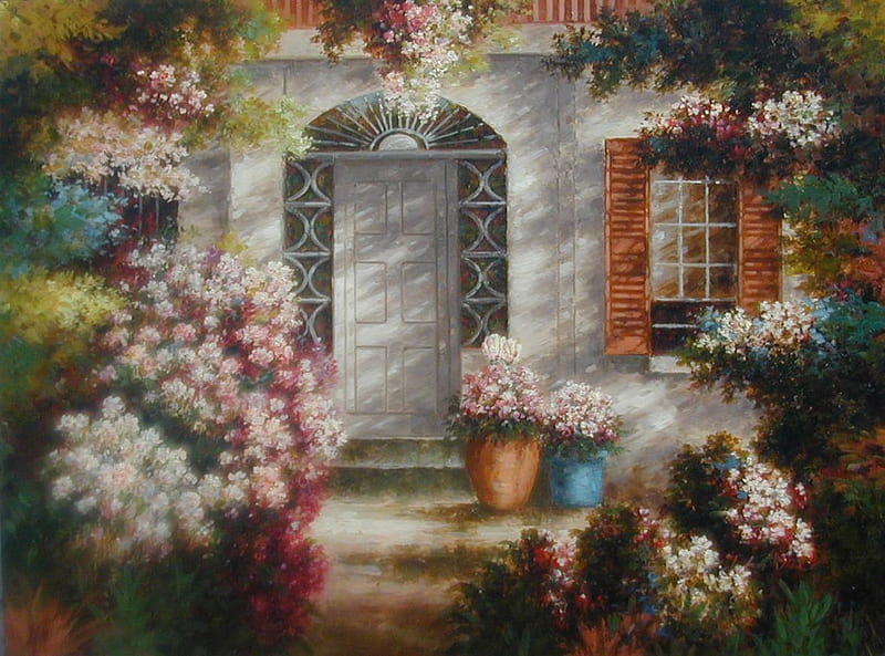 Welcome Home, planters, arch, home, flowers, garden, entrance, door, HD wallpaper