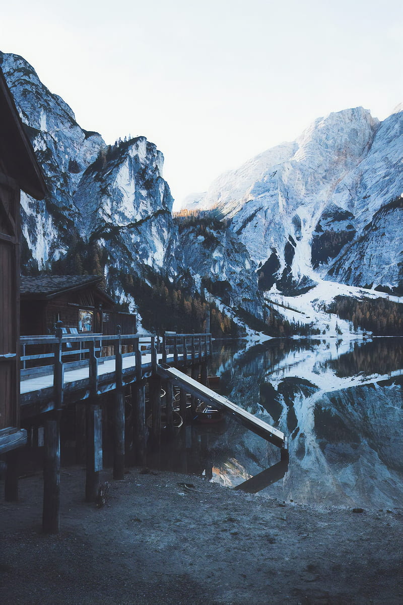 mountains, winter, snow, cabin, landscape, HD phone wallpaper