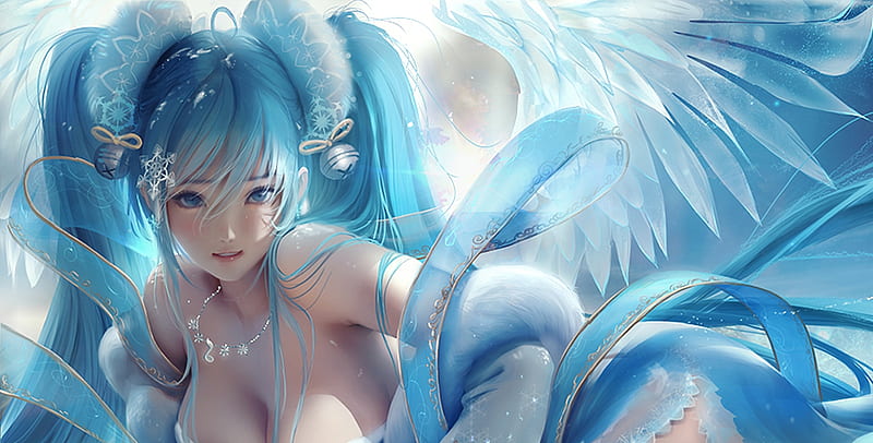 Snow Angel Sona, frumusete, luminos, sakimichan, fantays, iarna, league of legends, winter, white, blue, HD wallpaper