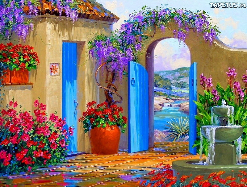 The Courtyard, fantasy, courtyard, water, blue door, flowers, HD ...