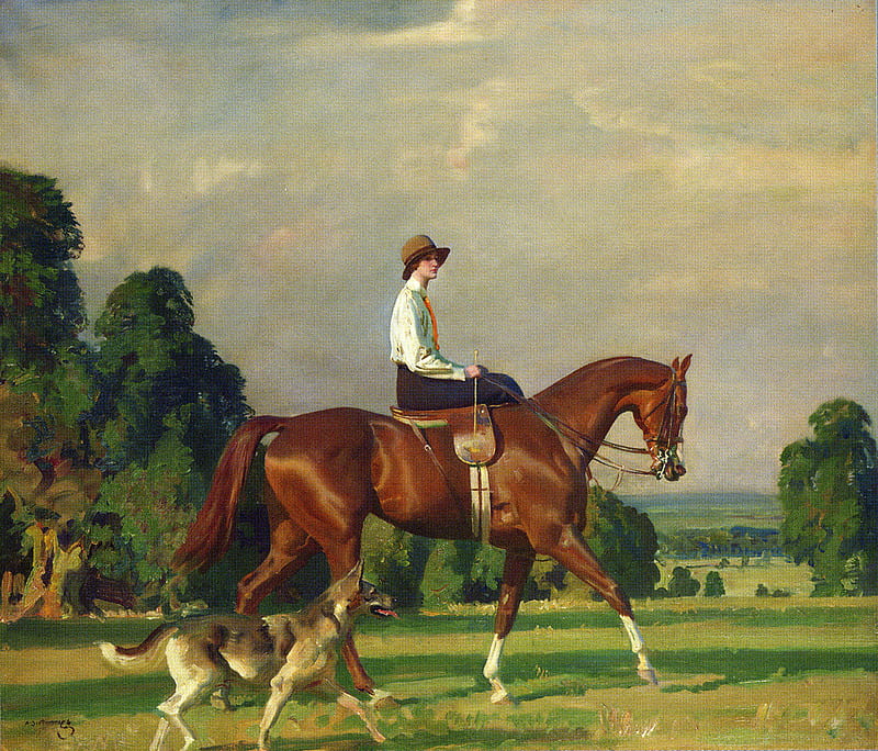 Sir Alfred Munnings. Miss Ruth Brady on Bugle Call, british painting, rider, horses, landscape, HD wallpaper