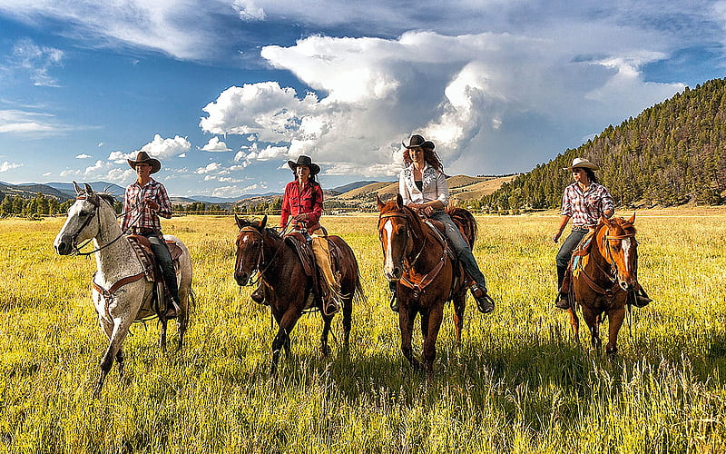 The Ranch Hands.., cowgirl, boots, outdoors, women, brunettes, fields, girls, hats, female, models, ranch, fun, horses, mountains, fashion, western, style, HD wallpaper