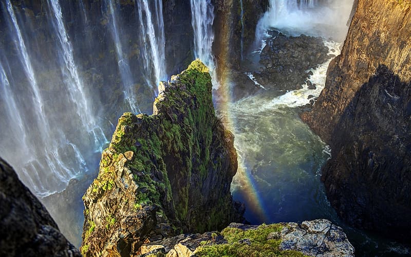 Waterfalls, Rainbow, Waterfall, , Stone, Moss, Victoria Falls, HD wallpaper