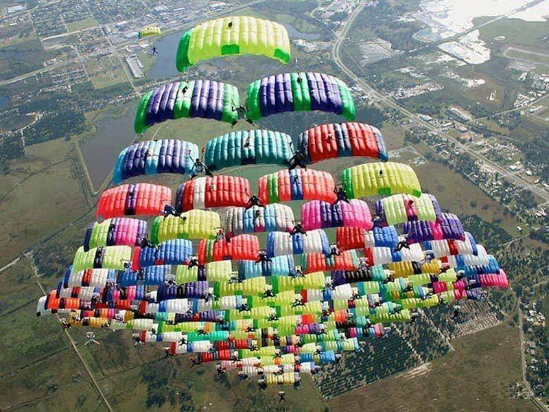 Parachute Pyramid, fly, airplane, parachute, skydive, scary, pyramid, multiple, jump, HD wallpaper
