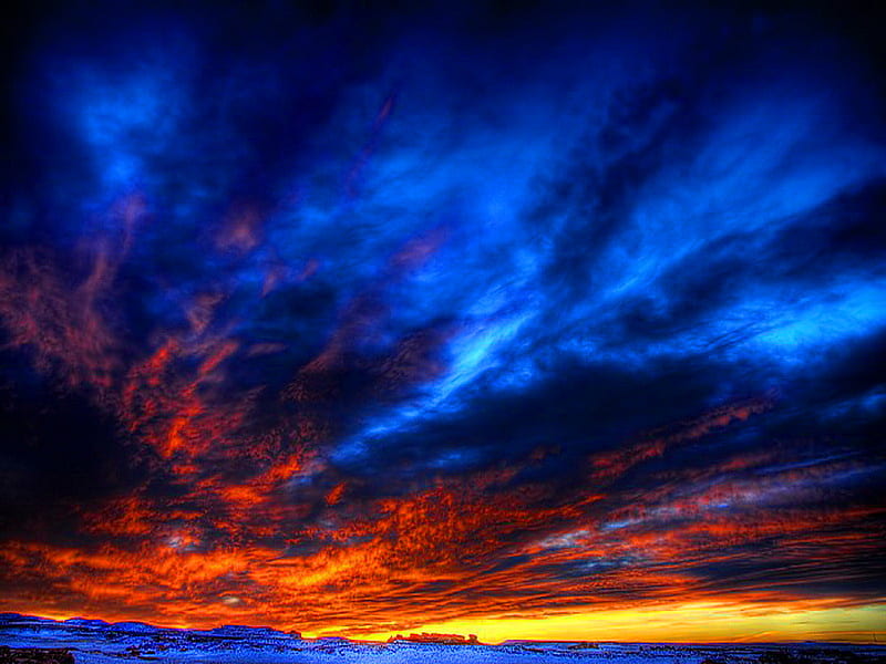 Restless sky, water, orange, black, yellow, sunset, clouds, sky, blue, HD wallpaper