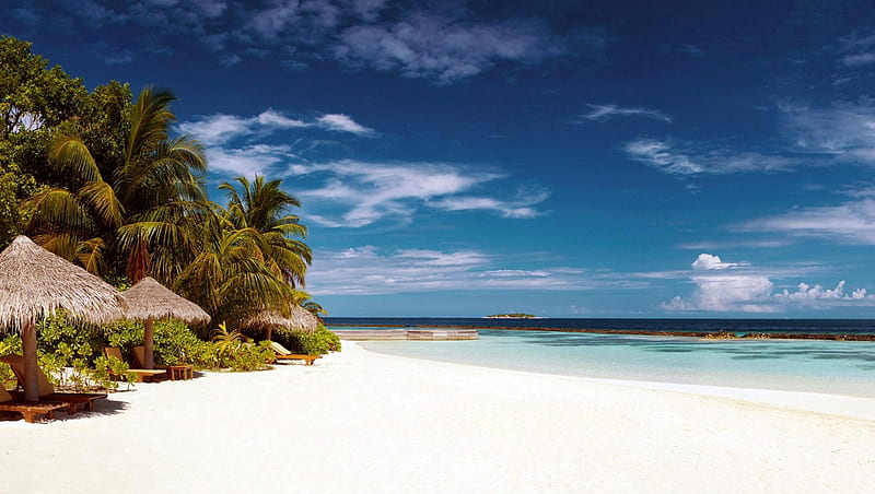 Caribbean Summer, white sand, bonito, sky, clouds, sunshades, palm trees, sea, beach, summer, tropical, HD wallpaper
