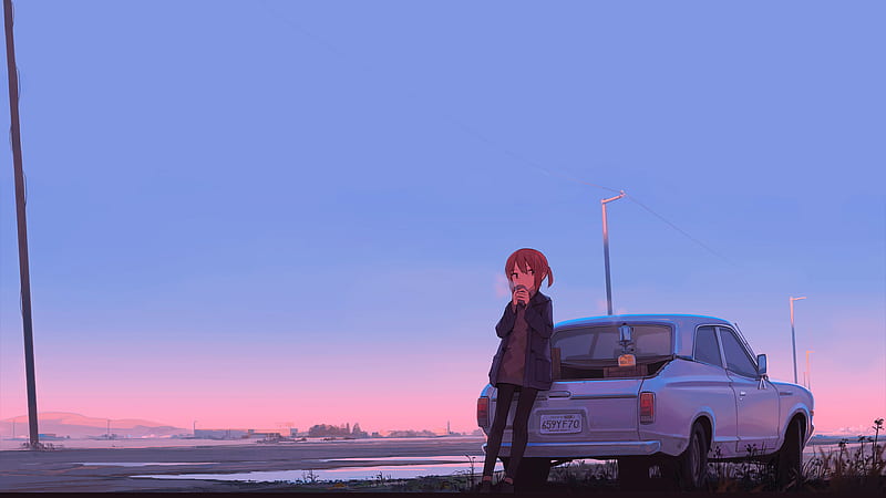 Anime Girl Car Drinking Coffee, anime, artwork, artist, digital-art, HD wallpaper