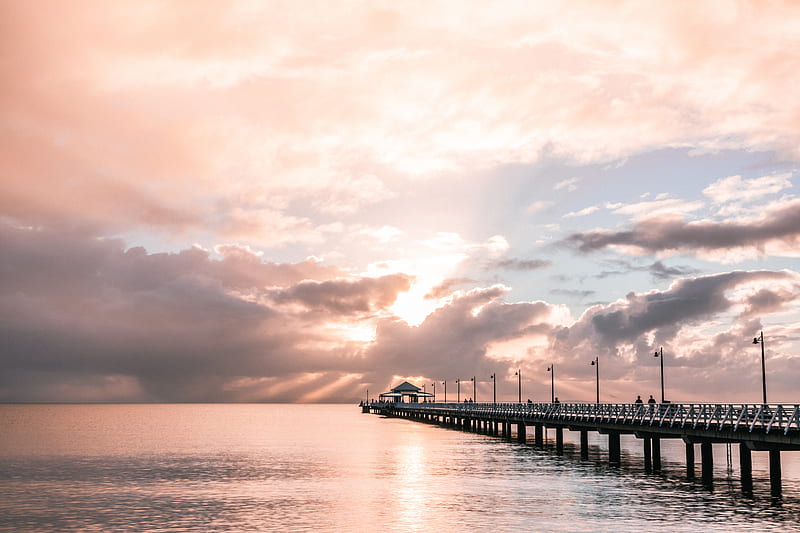 pier, sea, horizon, clouds, silhouettes, HD wallpaper