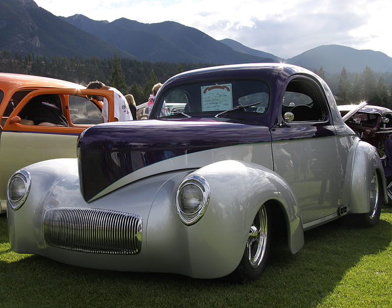 Hot Rod 1941 Willys, orange, black, trees, clouds, silver, nickel, graphy, green, purple, mountains, car, willys, tire, white, HD wallpaper