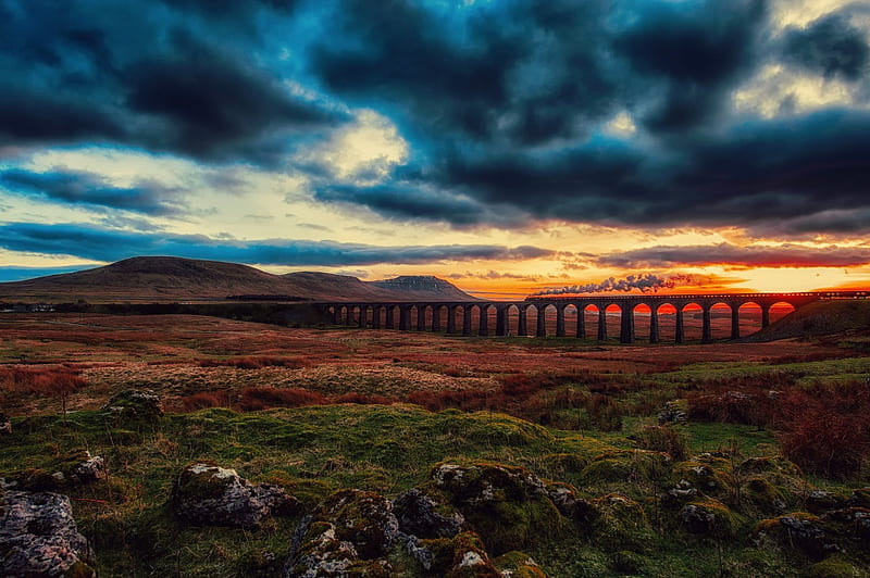 Morning Landscape, railway, sun, train, steam, clouds, sky, HD wallpaper