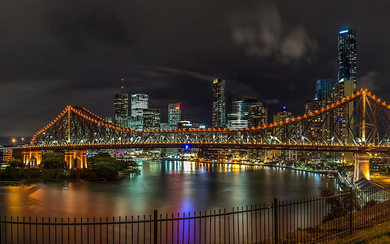 Story Bridge, Brisbane, Australia, evening, cityscape, night lights, HD wallpaper