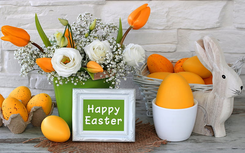 Easter, spring, white roses, bouquet, easter eggs, orange tulips, HD wallpaper