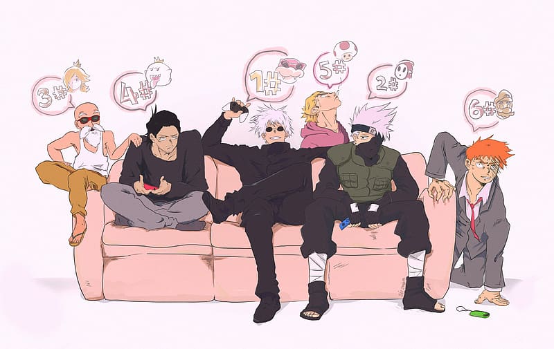 Anime, Naruto, Mask, Blonde, Glasses, Crossover, Dragon Ball, Black Hair, White Hair, Orange Hair, Kakashi Hatake, Master Roshi (Dragon Ball), Mario Kart, My Hero Academia, Arataka Reigen, Mob Psycho 100, Haikyū!!, Shouta Aizawa, Satoru Gojo, Jujutsu Kaisen, Keishin Ukai, HD wallpaper