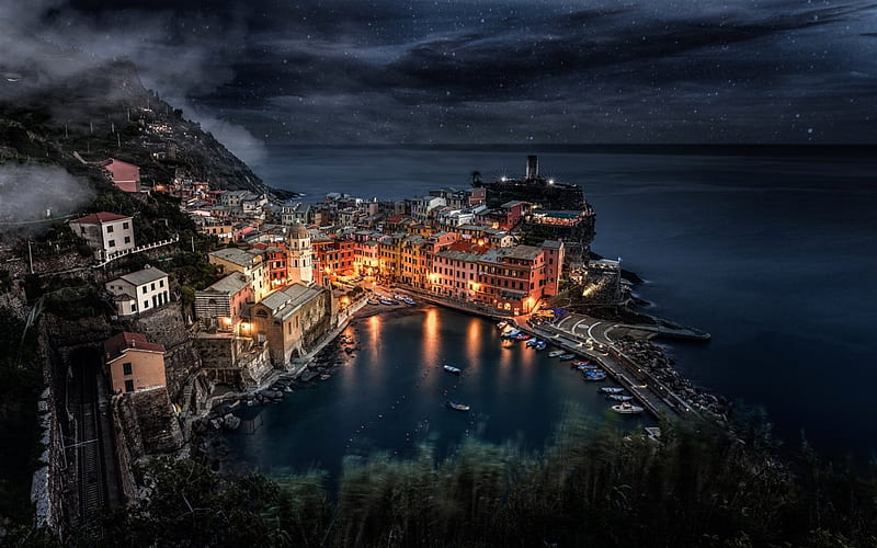 Manarola, harbor, night, fog, Liguria, Italy, HD wallpaper
