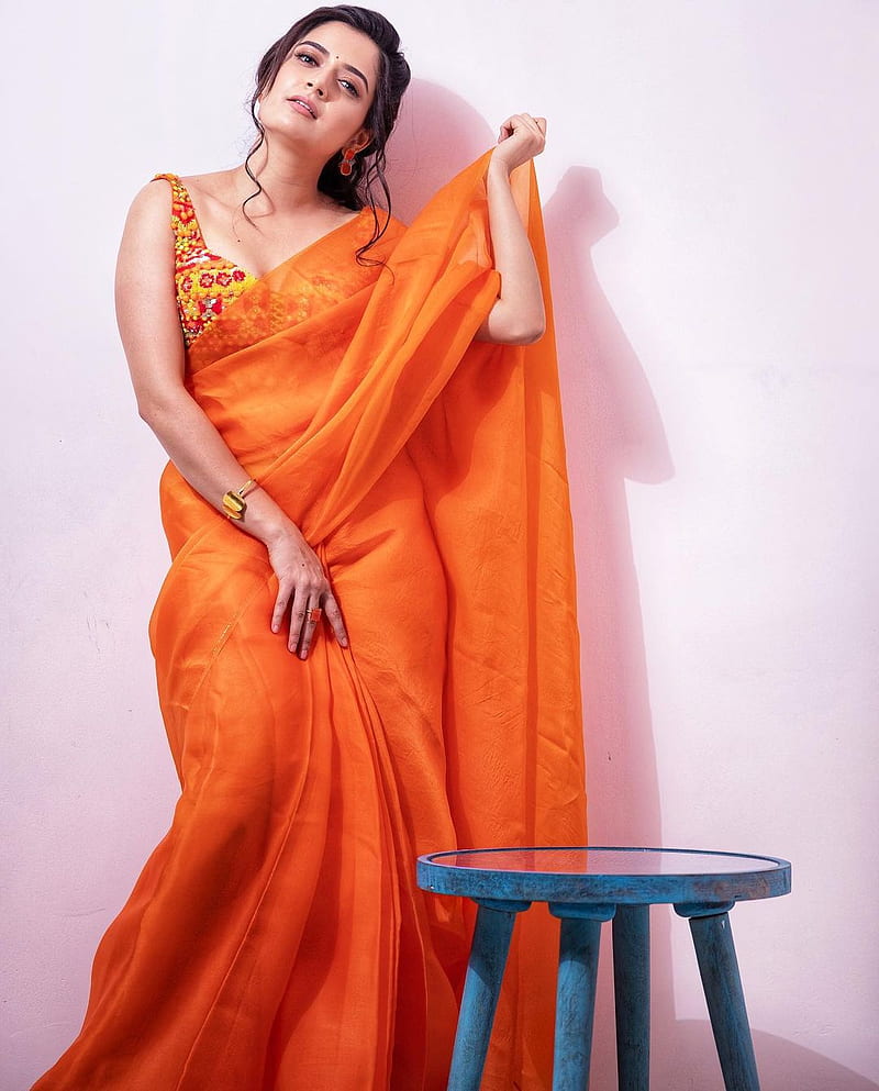 ashika ranganath, orange, sari, HD phone wallpaper