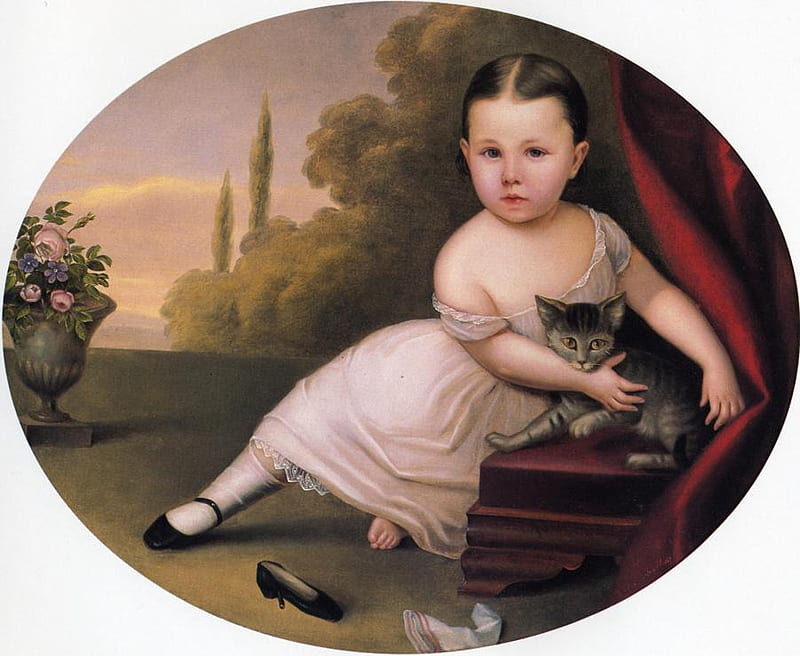 Nicola Marshall. c1859. Young girl with cat, painting, art, child, cat, HD wallpaper