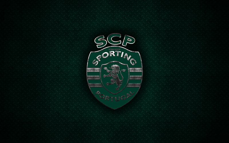 Sporting CP metal logo, creative art, Portuguese football club, emblem, green metal background, Lisbon, Portugal, Sporting, HD wallpaper
