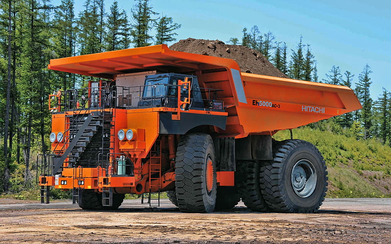 Hitachi EH 500 AC-3 mining truck, 2019 trucks, quarry, big truck, Hitachi, trucks, R, orange truck, HD wallpaper