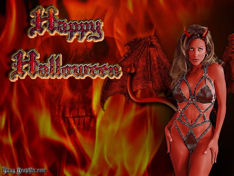 Happy Halloween, october 31, female, wings, winged, fire, demon, flames, devil, skull, HD wallpaper
