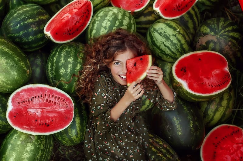 :), liubov piatovskaia, watermelon, copil, vara, little girl, childhood, girl, summer, green, red, fruit, child, HD wallpaper
