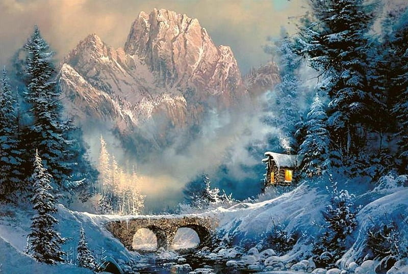 Long Winter Days, house, bridge, mountains, river, trees, lights, winter, HD wallpaper