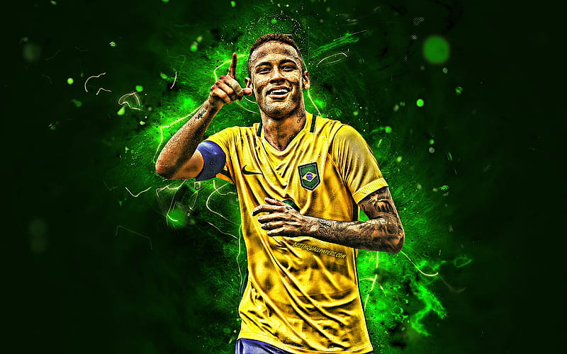 Neymar, goal, football stars, Brazil National Team, fan art, green background, joy, Neymar JR, soccer, creative, neon lights, Brazilian football team, HD wallpaper