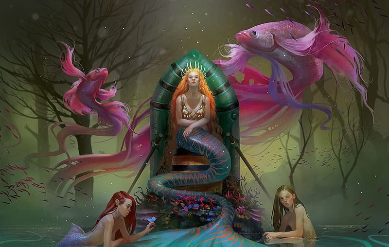 Mermaid queen, art, frumusete, katerina ladon, luminos, queen, mermaid, vara, fantasy, throne, green, pesti, girl, summer, siren, pink, HD wallpaper
