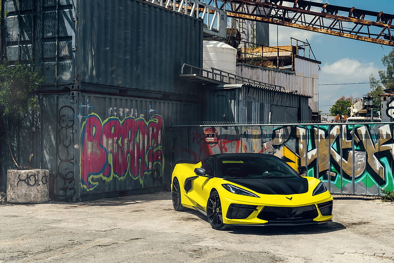 2021 Vossen Yellow And Black Corvette C8, chevrolet-corvette, corvette, carros, 2021-cars, HD wallpaper