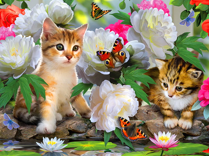 Fun among flowers, colorful, kittens, flowers, kitties, butterflies ...