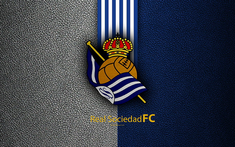 Real Sociedad FC Spanish football club, La Liga, logo, emblem, leather texture, San Sebastian, Spain, football, HD wallpaper