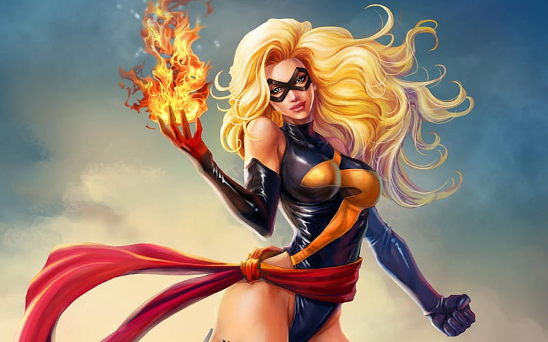 Ms. Marvel, red, marvel, yellow, comics, warbird, woman, double star, fire, fantasy, girl, mask, blue, HD wallpaper
