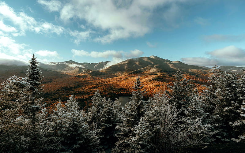Adirondack Mountains, NY, sky, hills, trees, clouds, autumn, usa, HD wallpaper