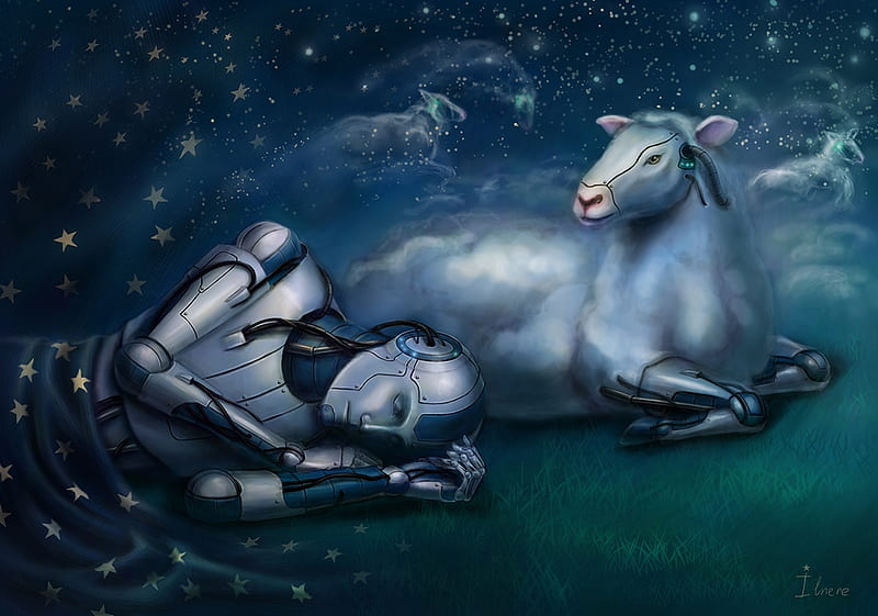 Do androids dream?, art, shade of stars, sheep, fantasy, sleep, luminos, android, blue, HD wallpaper