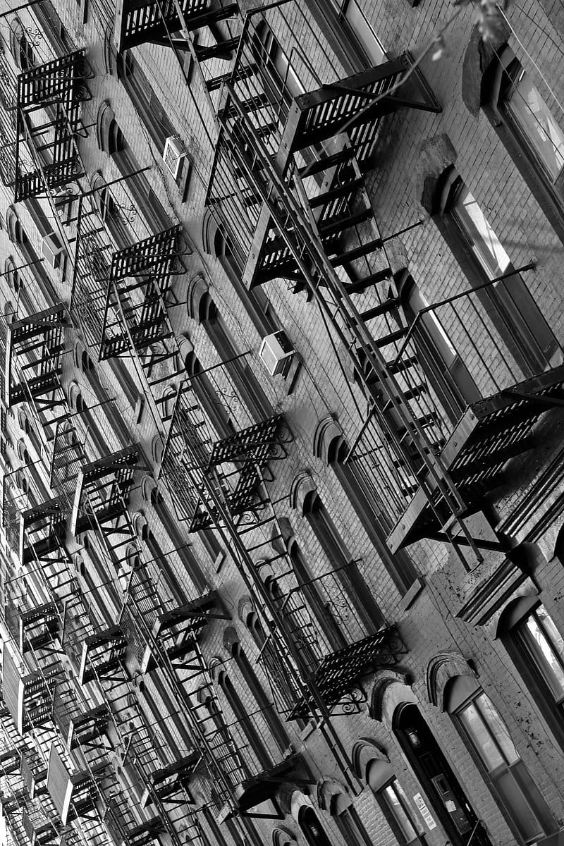 architecture, monochrome, graphy, building, portrait display, window, New York City, USA, stairs, bricks, door, HD phone wallpaper