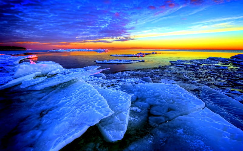 ICY COOL EVENING, ice, sunset, sea, winter, landscape, HD wallpaper