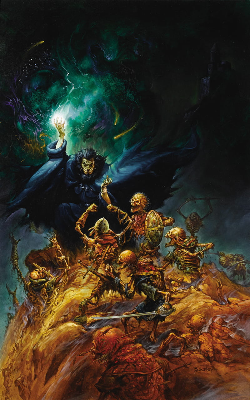 Jeff Easley, wizard, skeleton, undead, sword, shield, artwork, painting, Necromancer, HD phone wallpaper
