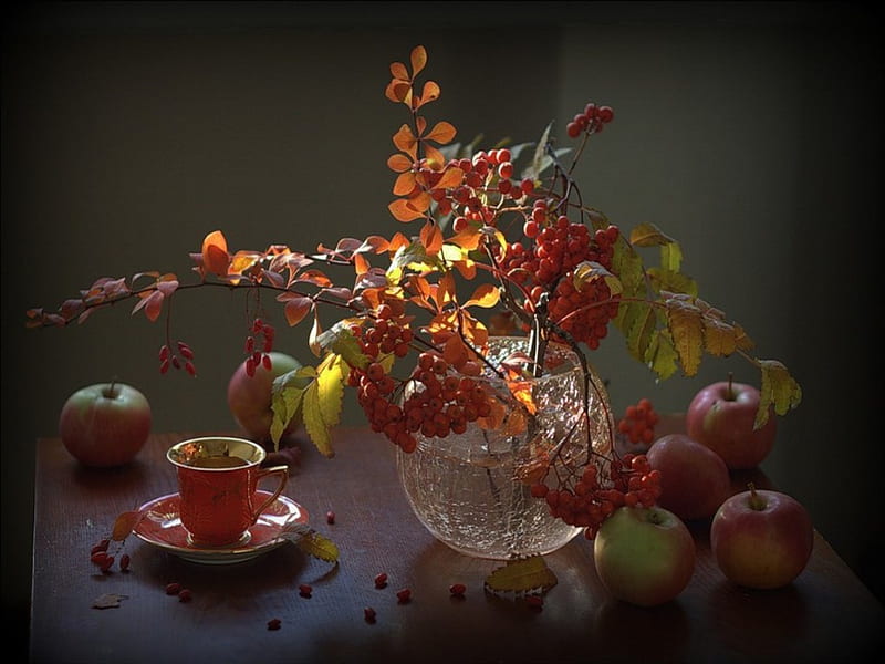 Autumn symphony, red, autumn, background, seasons, still life, fruit, graphy, leaves, symphony, gold, light, bowl, apples, colors, abstract, coffee, dark, cup, nature, branches, HD wallpaper
