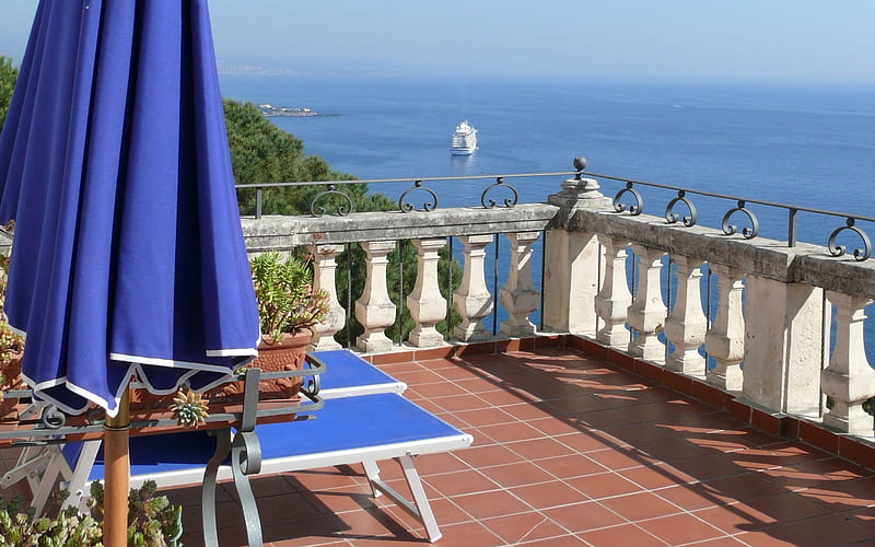 Terrace in Sicily, Italy, Sicily, terrace, sea, Italy, HD wallpaper