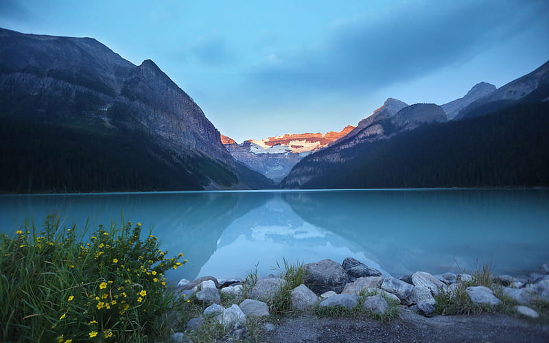 Lake Louise, morning, Banff, summer, Alberta, canadian landmarks, Banff National Park, Canada, HD wallpaper